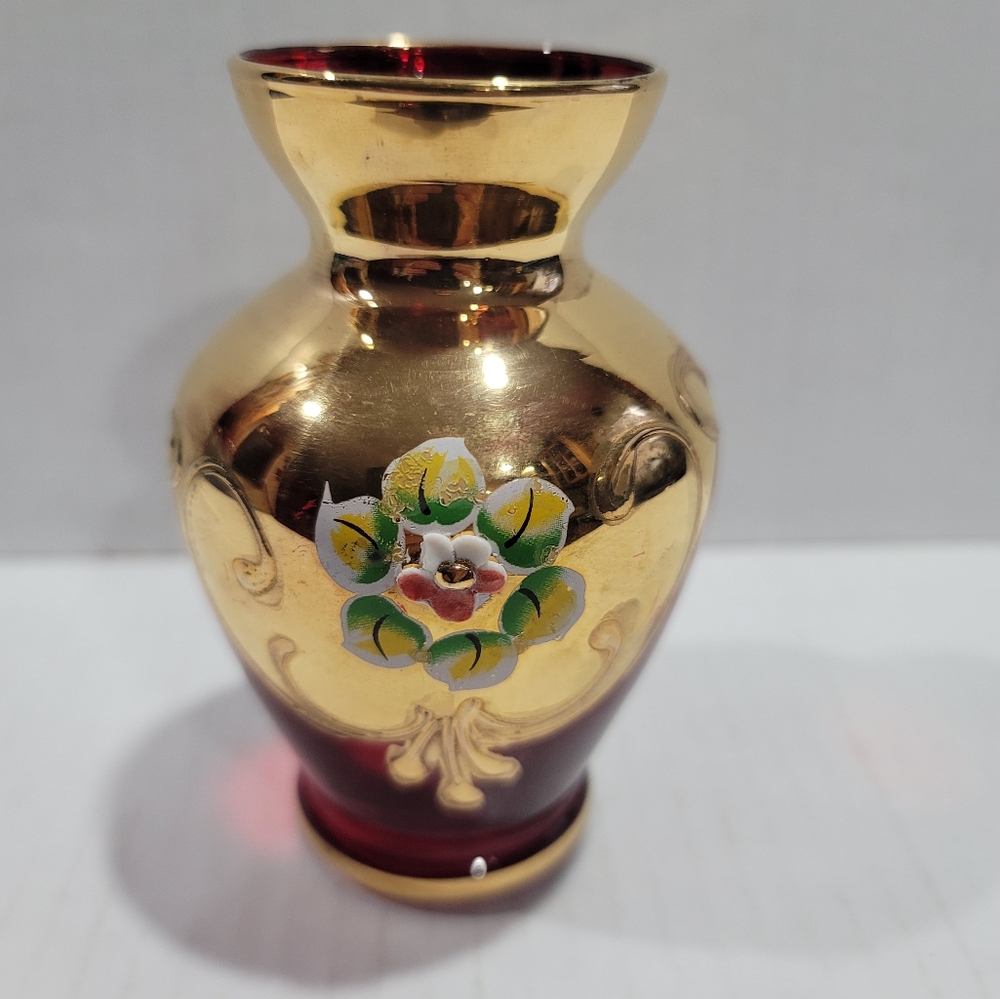 Vintage Bohemian Czech Painted Ruby Red Gold Guilt Cadmium Glow Glass Gilt Vase